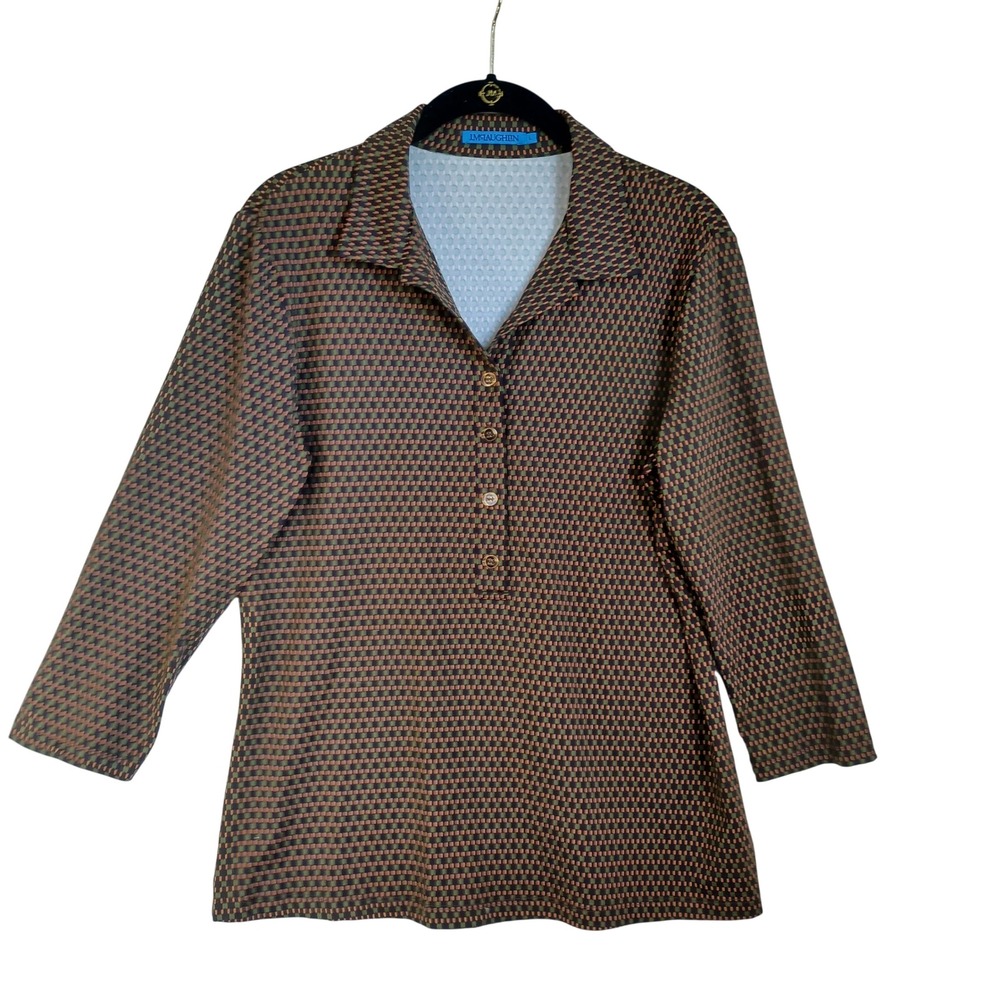 J.McLaughlin Womens Large Catalina Cloth Geometric Polo Top Brown Green Long Slv